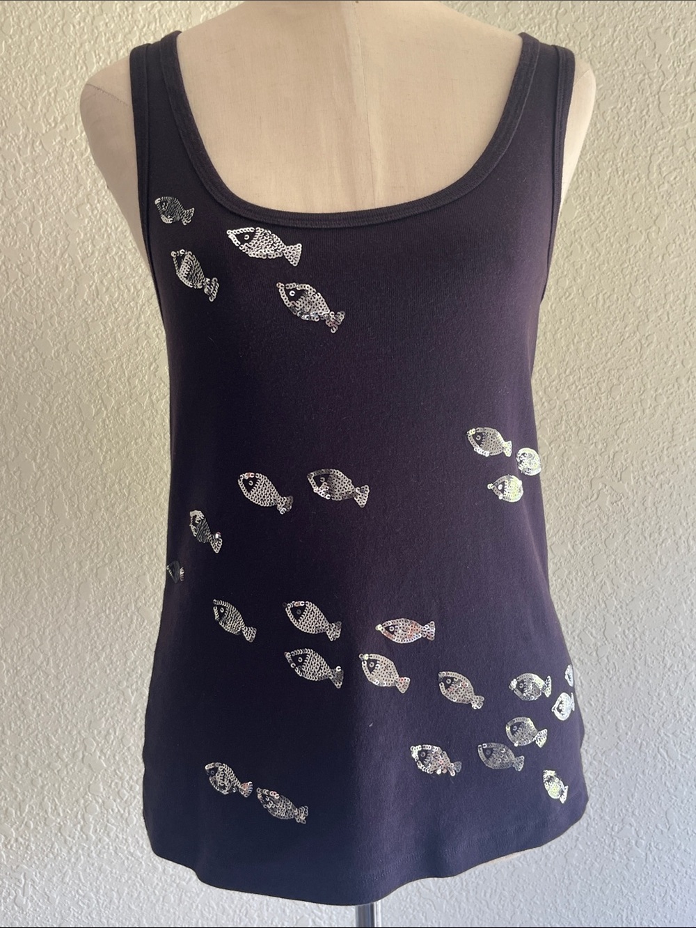 Tory Burch Black Tank Top with Silver Sequin Fish Navy size S